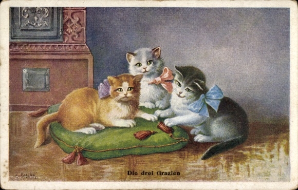 Artist Postcard Öhler, C., Three young cats on a pillow, BKWI 303 2