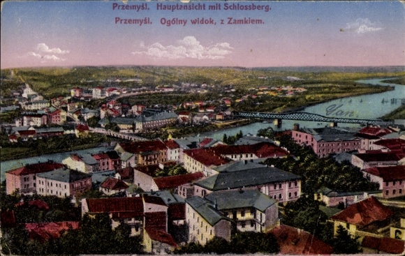 Postcard Przemyśl Poland, main view with castle hill, river, city view