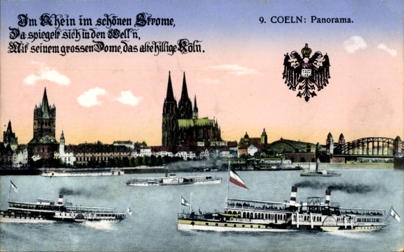 Cologne on the Rhine, panorama, steamer, cathedral, bridge, coat of arms