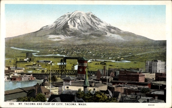 Postcard Tacoma Washington USA, partial view of the city, Mount Tacoma