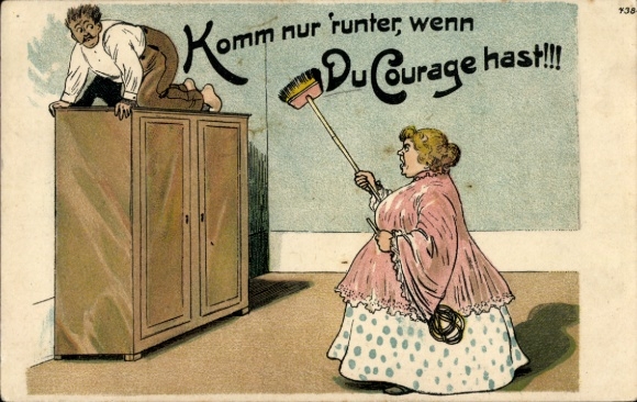 Ak, only come down if you have courage, woman threatens man with a broom, BB&OL