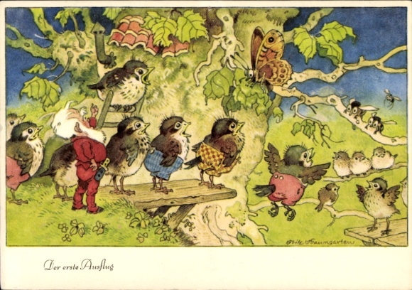 Artist Postcard Baumgarten, Fritz, The First Outing, Young Birds, Dwarf, Butterfly