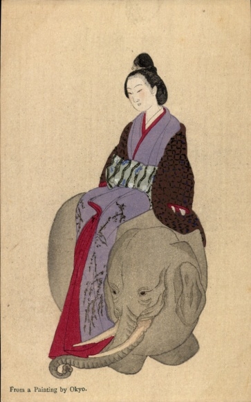 Artist Postcard Okyo, woman in Japanese costume, elephant chair