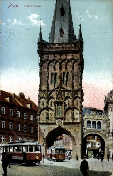 Postcard Praha Prague Czech Republic, Powder Tower, trams
