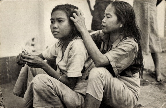 Postcard Indonesia, Daily, necessary activity, two young women doing hair care