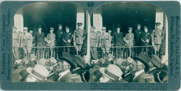 Stereo Photo Kansas City Kansas USA, Military Heroes of World War, WW I, Pershing, Beatty, Diaz