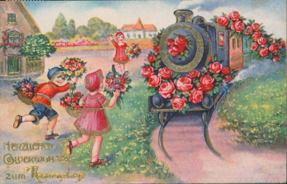 Postcard Congratulations Name Day, Children, Well-wishers, Railway