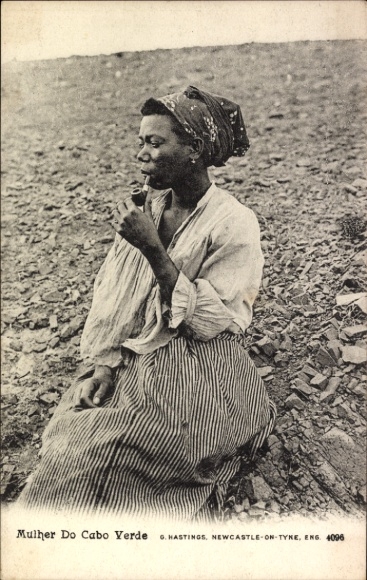 Postcard Cabo Verde Cape Verde, woman with pipe