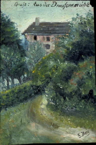 Hand-painted artist Postcard Itzig, E., Villa, Park