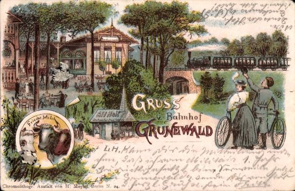 Lithograph Berlin Wilmersdorf Grunewald, train station, station for cyclists