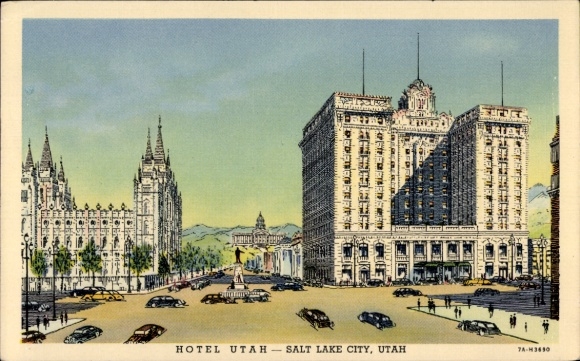 Postcard Salt Lake City Utah USA, Hotel Utah, Mormon Temple, Parking, Architecture