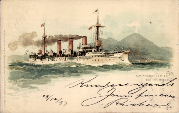 Artist Chromo-Litho Bohrdt, Hans, Napoli Naples Campania, German warship, SMS Gefion, cruiser