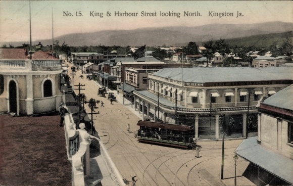Postcard Kingston Jamaica, King and Harbour Street looking north, tram