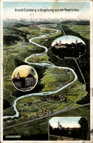 Maps by Postcard Felle, Eugen, Mühldorf am Inn, Upper Bavaria, Ecksberg Institution, surroundings, bird's-eye view