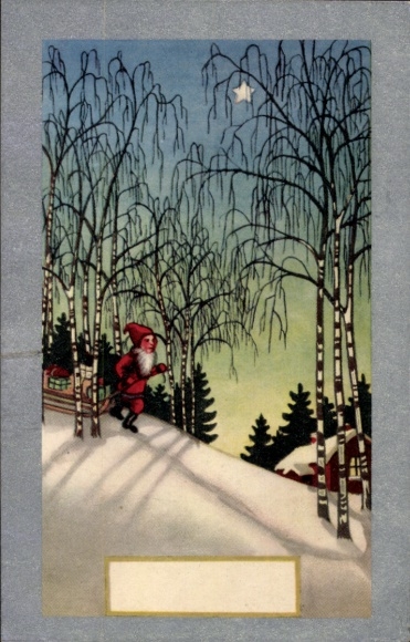 Postcard Dwarf, sled, birches, winter