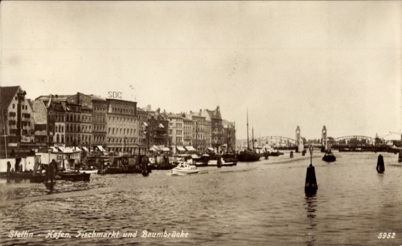 Postcard Szczecin Stettin Pomerania, SDC, Stettin Port, Fish Market, Tree Bridge, Water, Boats