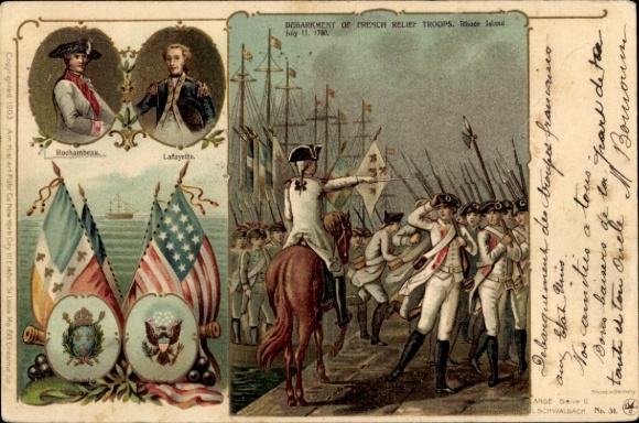 Chromo-Litho Rhode Island, Debarkment of French Relief Troops 1780, Rochambeau, Lafayette