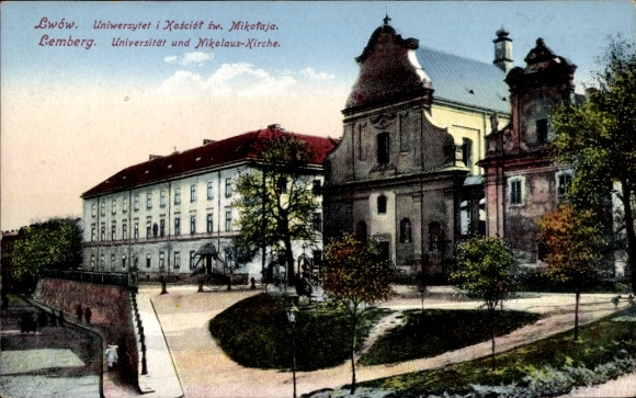 Postcard Lviv Lwów Lemberg Léopol Ukraine, University, St. Nicholas Church, colored