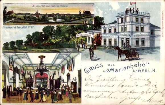 Lithograph Berlin Tempelhof, Gasthaus Marienhöhe, owner P. Krause, ballroom