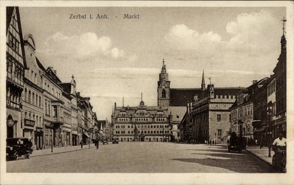 Postcard Zerbst in Anhalt, market, buildings, street view
