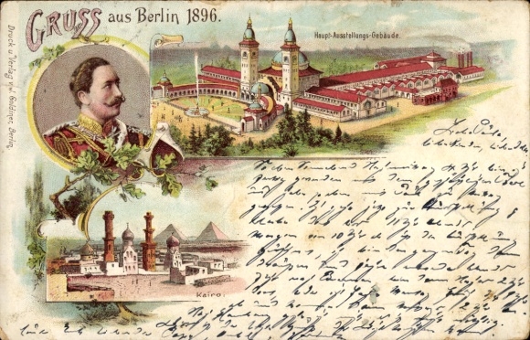 Lithograph Berlin Treptow, Trade Exhibition 1896, Main Exhibition Building, Cairo, Egyptian Village