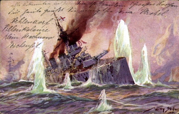 Artist Postcard Stöwer, Willy, Naval Battle in the North Sea, English Battlecruiser, 1915