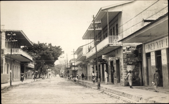 Photo Postcard Port Limon Costa Rica, street section, photo Edw. Jacobs SS Simon Bolivar