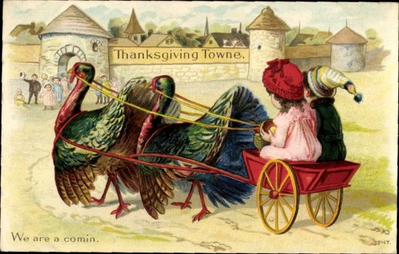 Embossed Postcard Congratulations Thanksgiving, turkeys pulling a cart, children