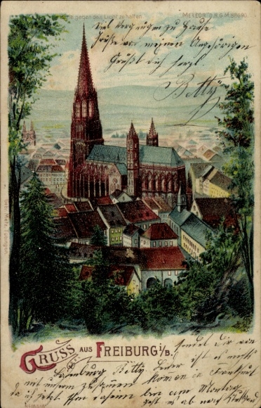 Stop against the light, lithograph, Freiburg im Breisgau, panorama, cathedral