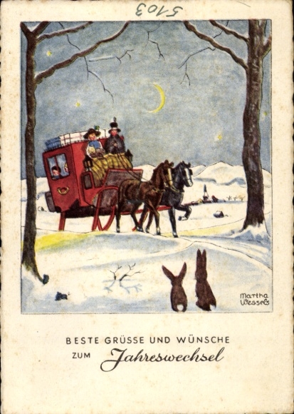 Artist Postcard Wessels, Martha, Happy New Year, Sleigh Team, Stagecoach