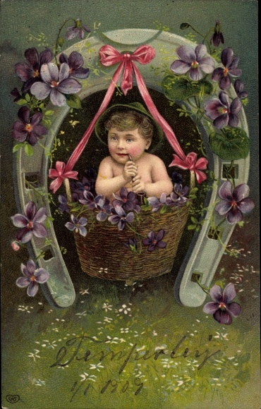 Embossed Postcard Child with Pipe in a Basket, Horseshoe, Violet