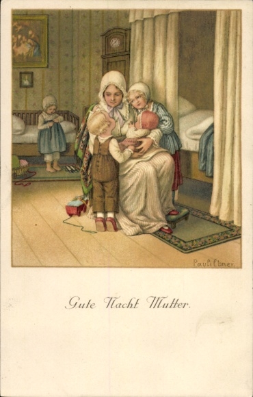 Artist lithograph Ebner, Pauli, Good Night Mother, Children, Bed