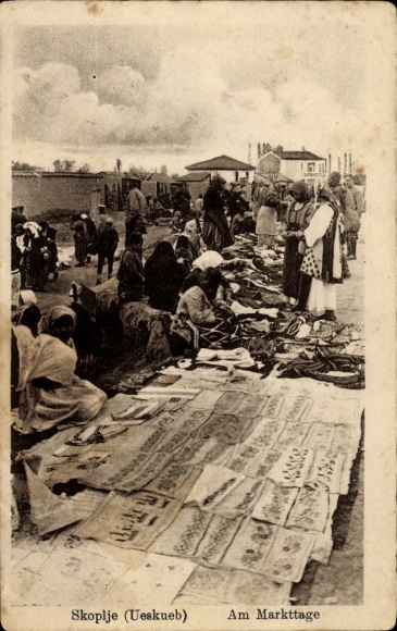Postcard Üsküb Skopje Skoplje Macedonia, On the market, Textiles