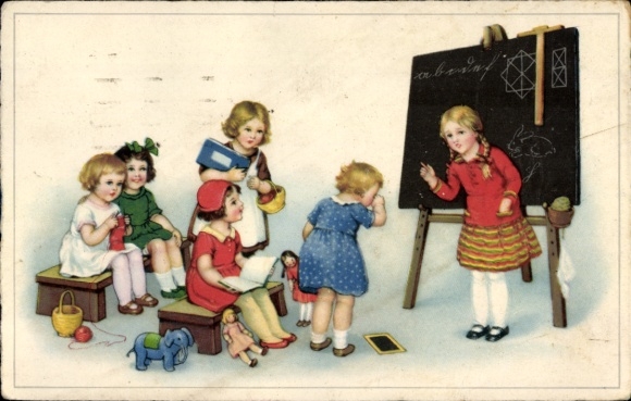 Chromo-Litho girl at school, blackboard, toys, dolls, knitting