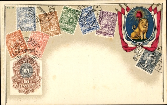 Embossed stamps coat of arms Postcard Paraguay, flag, lion