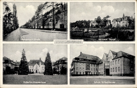Postcard Berlin Zehlendorf, hospital, Schlachtensee school, George nursery, Hoensbroeck Street