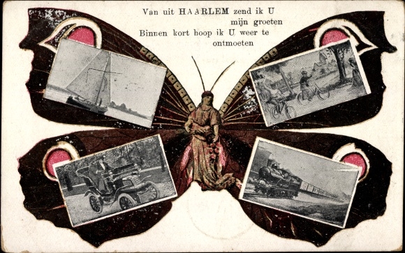 Butterfly Postcard Haarlem North Holland Netherlands, boat, bicycles, automobile, railway