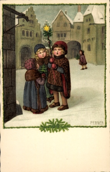 Artist Postcard Ebner, Pauli, children, carol singers, fir branch, city scene, snow