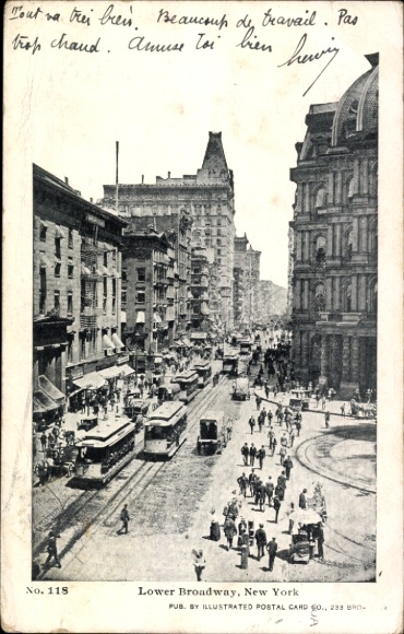 New York City USA, street with streetcars, crowd, Lower Broadway, New York