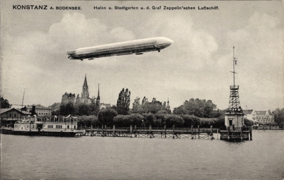 Konstanz on Lake Constance, harbor, city park, Graf Zeppelin, airship