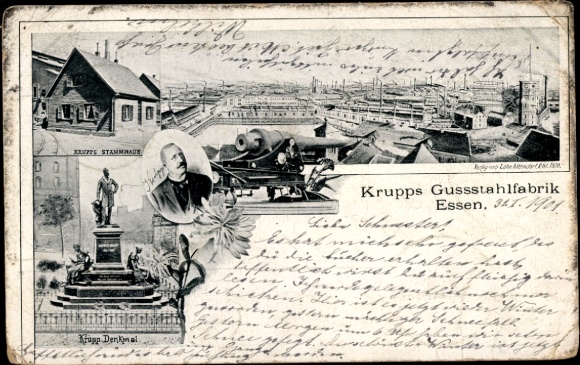 Postcard Essen in the Ruhr area, Krupp's cast steel factory, Krupp monument, headquarters, portrait