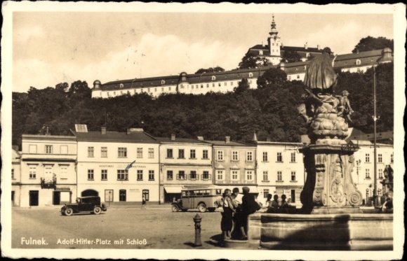 Postcard Fulnek Region Moravian Silesia, Adolf Hitler Square with castle