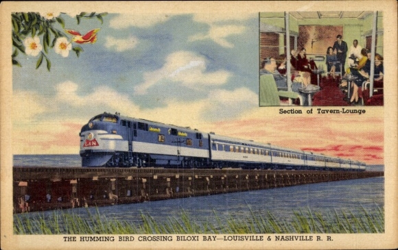 Postcard Biloxi Mississippi USA, US American Railroad, The Humming Bird, Biloxi Bay