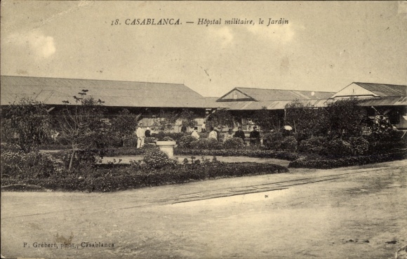 Postcard Casablanca Morocco, military hospital, garden, people, plants, buildings