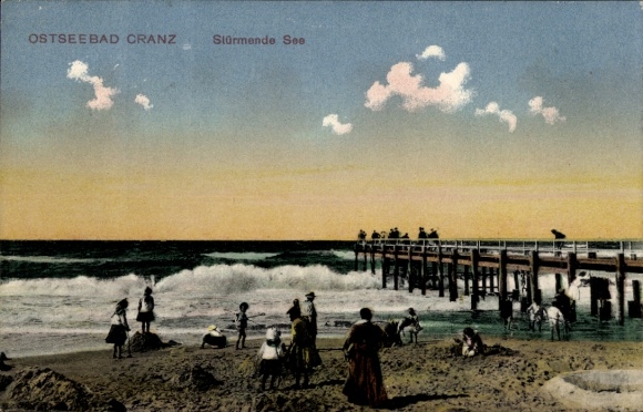 Postcard Selenogradsk Baltic Sea resort Cranz East Prussia, stormy sea, beach, people, pier