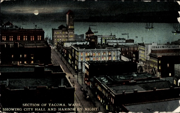 Postcard Tacoma Washington USA, night view of Tacoma, city administration, harbor, Hotel Olynfeg
