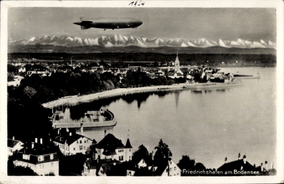 Friedrichshafen on Lake Constance, Zeppelin over the city, church tower