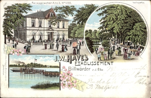 Chromo-Litho Hamburg Bergedorf Billwärder, JW Have establishment, park, steamship station