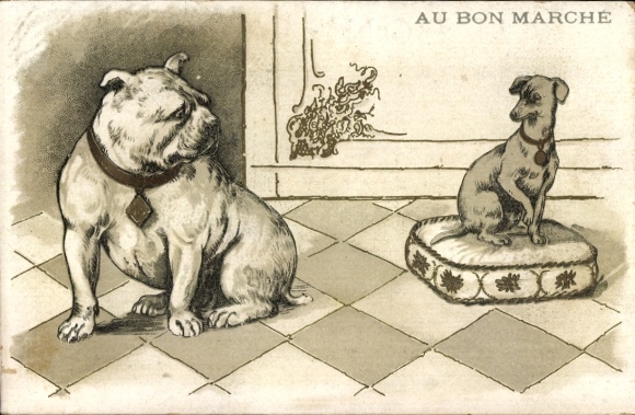 Lithograph: Two dogs, bulldog and terrier, on a cushion