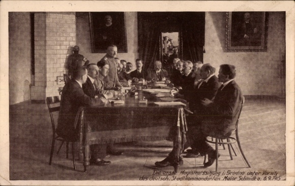 Postcard Hrodna Grodno, Belarus, city council meeting, German city commandant Major Schmidt, 1915